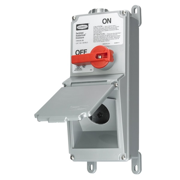 Industrial Grade, Lever Actuated, Switched Enclosure With Receptacle, Three Pole, 30A Hubbellock, 3 Phase 600V AC, Terminal Screws